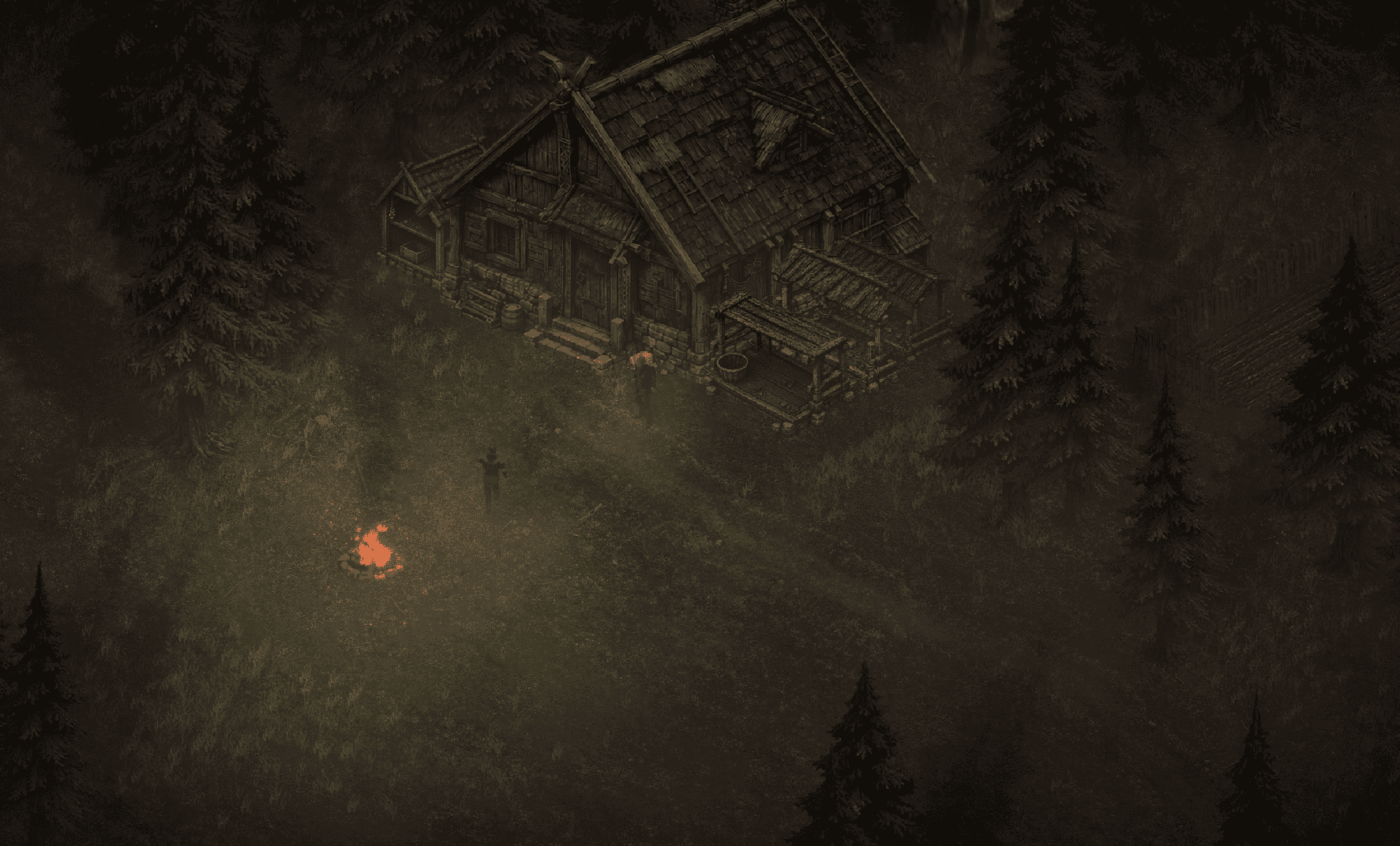 A small firelit homestead in an Ashen Hearth forest clearing.