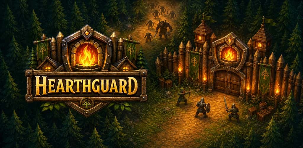 Hearthguard key art showing guards defending a torchlit village gate from creatures emerging through the forest.