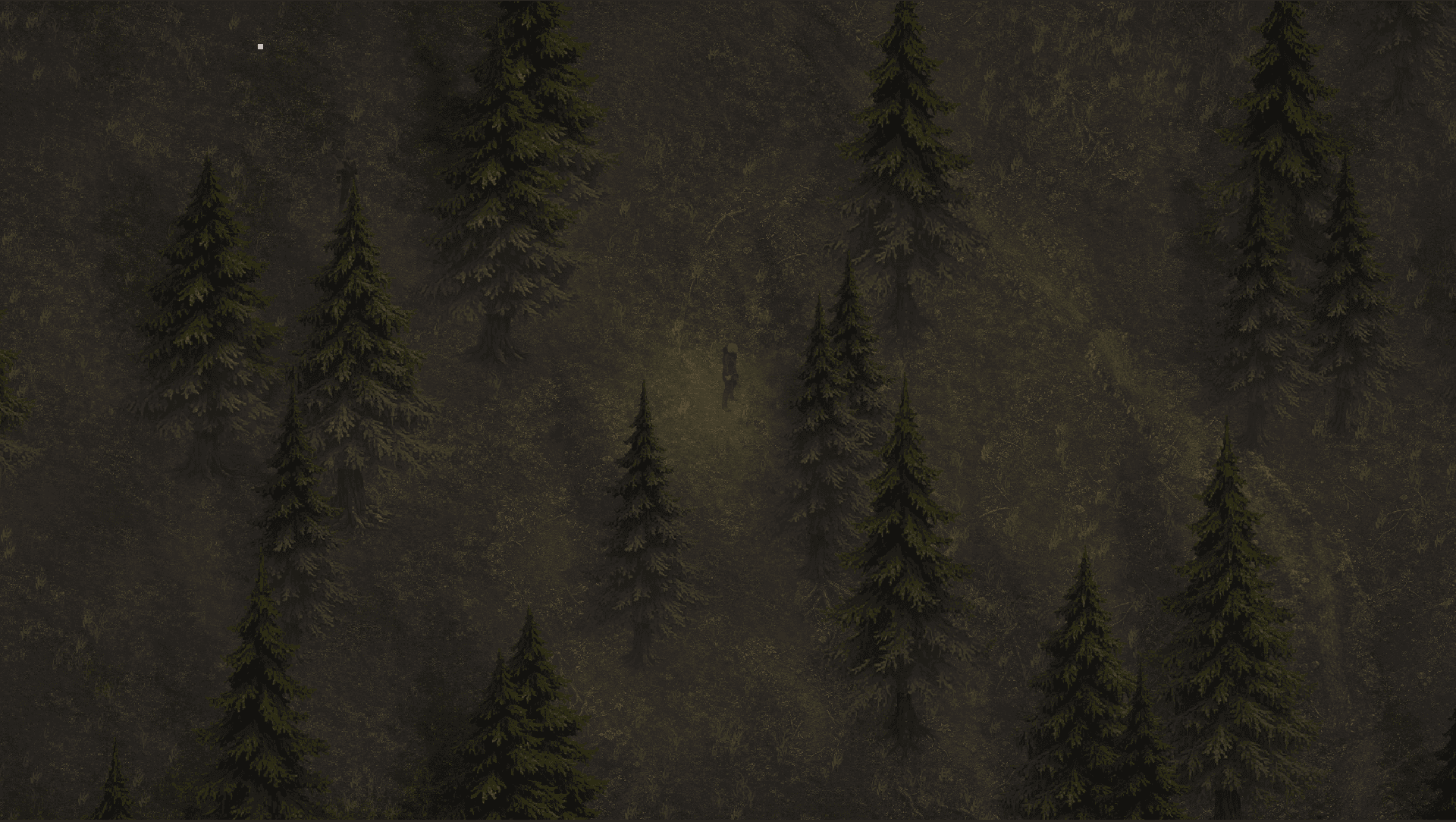 In-game forest path and tall pines showing Ashen Hearth exploration terrain.