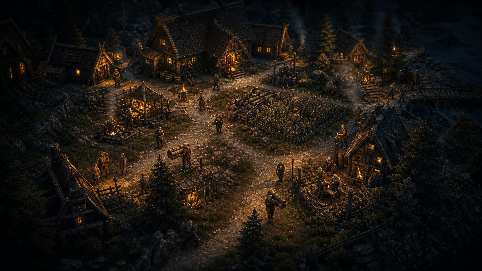 Villagers moving through a settlement.
