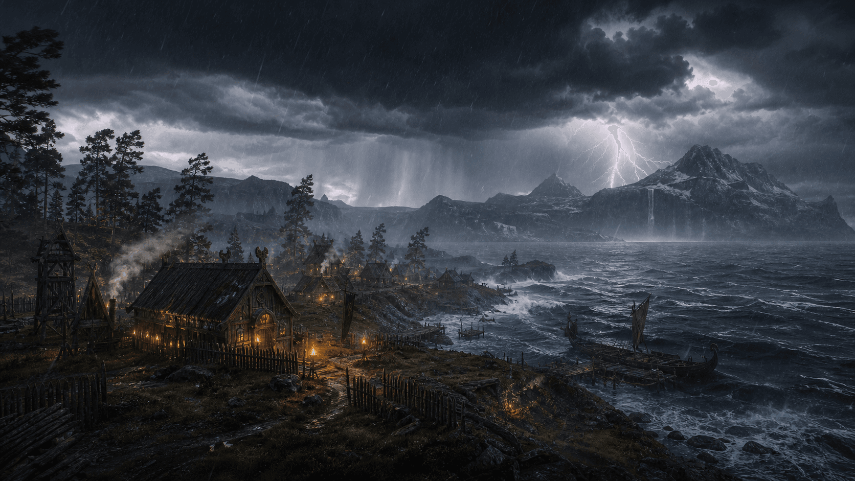 Storm weather over a coastal settlement.