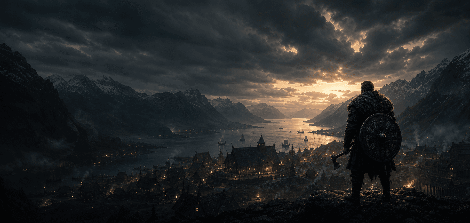 A cinematic Nordic settlement below a mountain fjord.