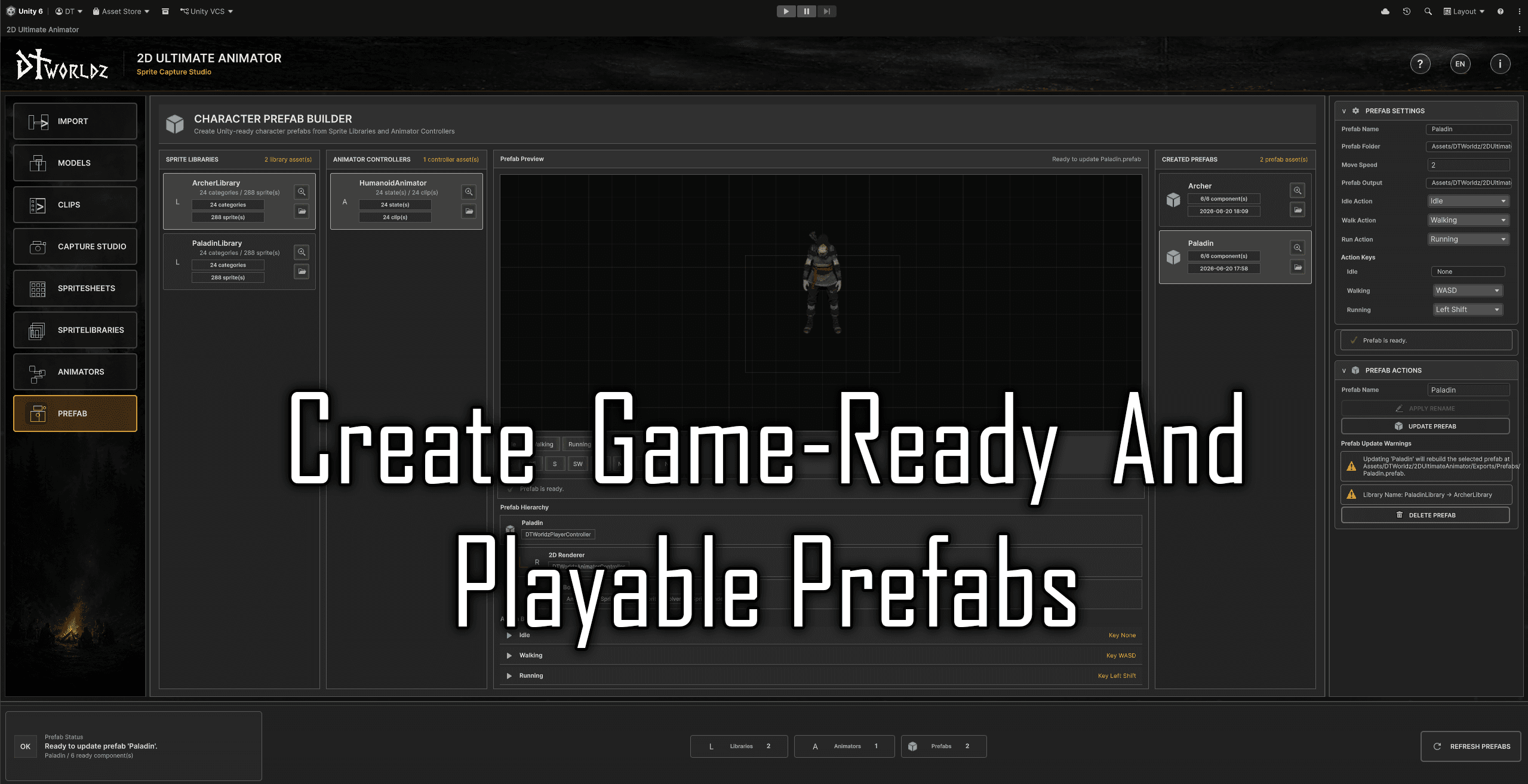 Prefab workflow screenshot for 2D Ultimate Animator.