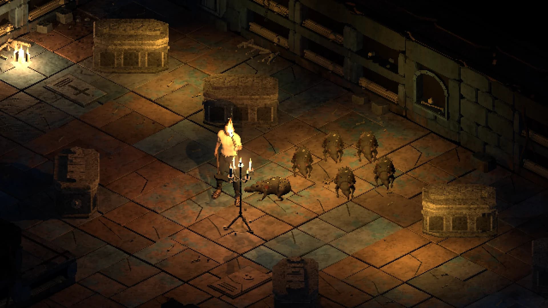In-game view of a player facing a pack of crypt creatures among sarcophagi.