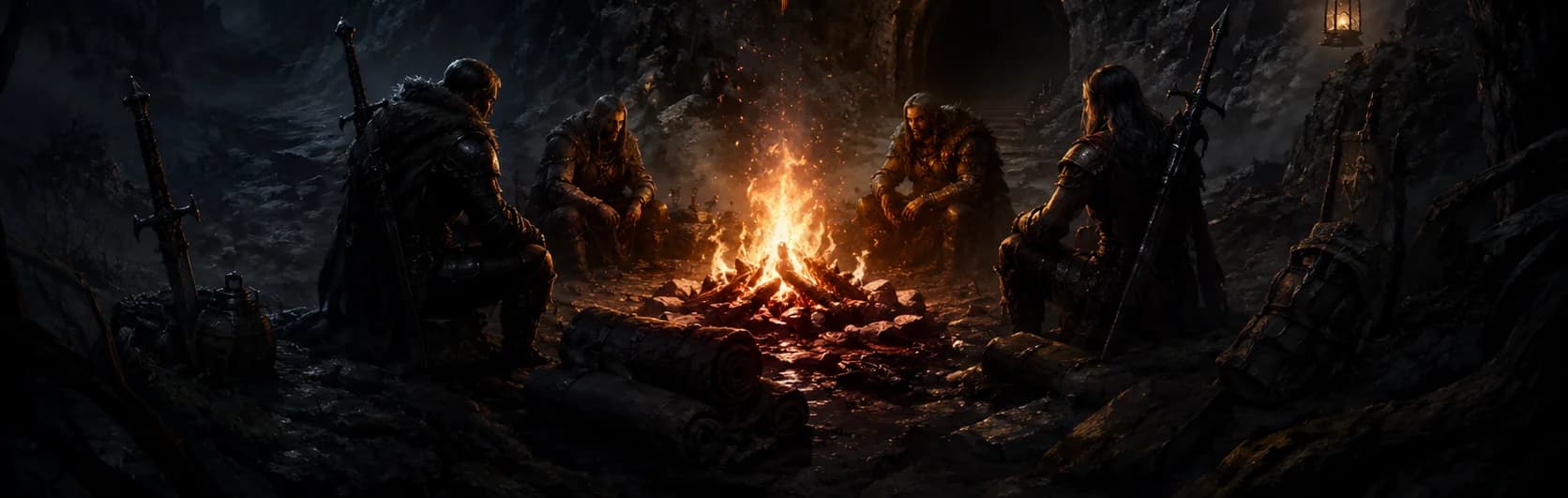 Depths of the Unknown key art: four warriors resting around a campfire beside a dark dungeon entrance.
