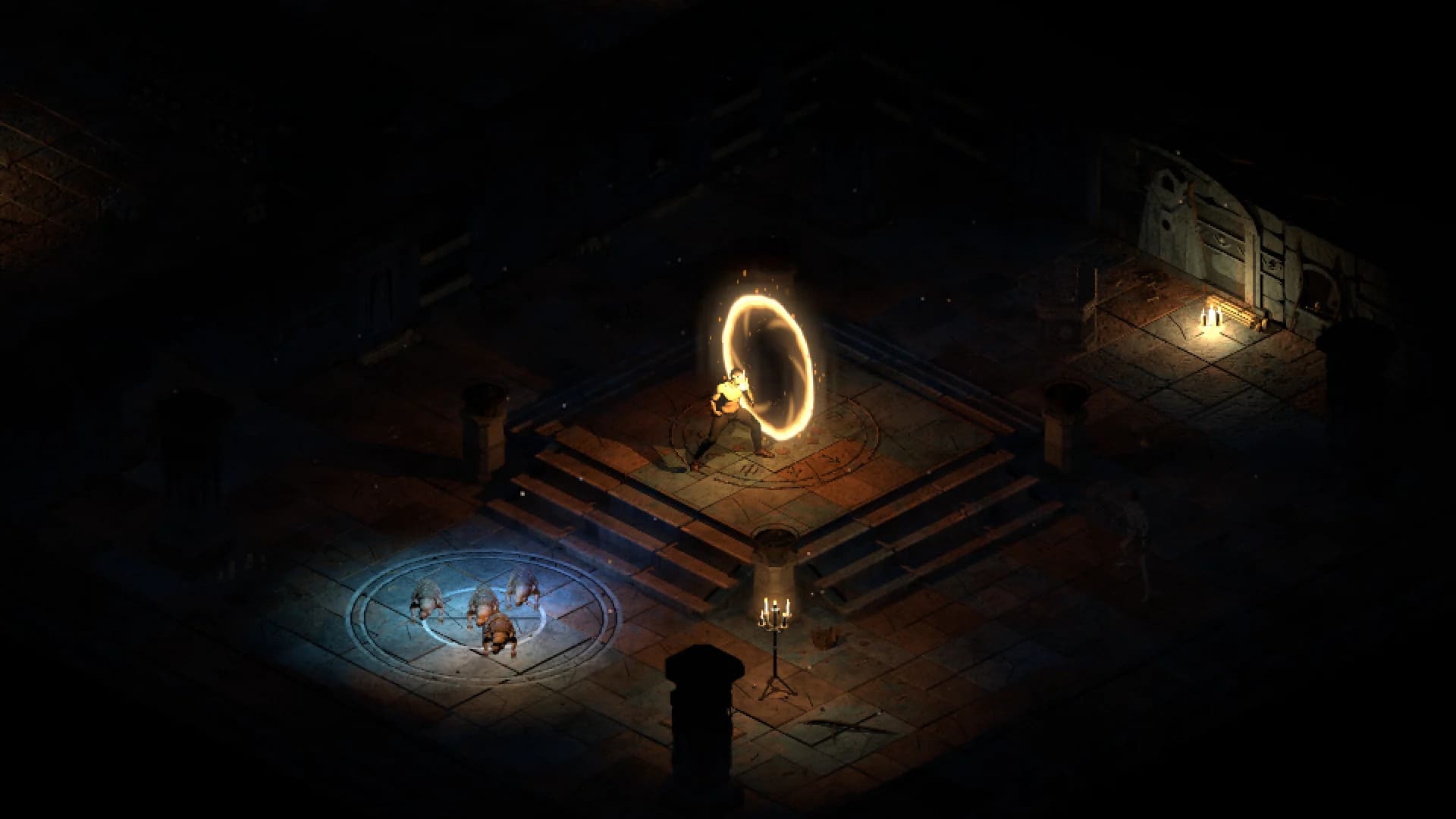 In-game view of a glowing return gate opening beside a sigil circle.