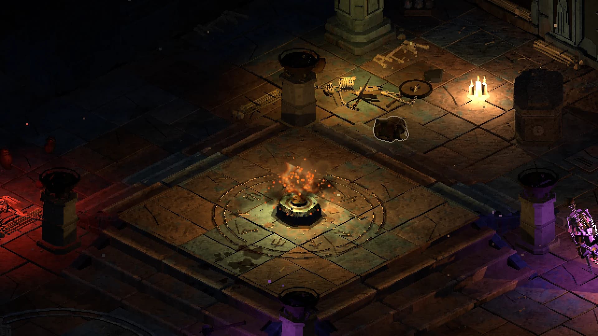 In-game view of a sigil chamber guarded by red and violet lights.