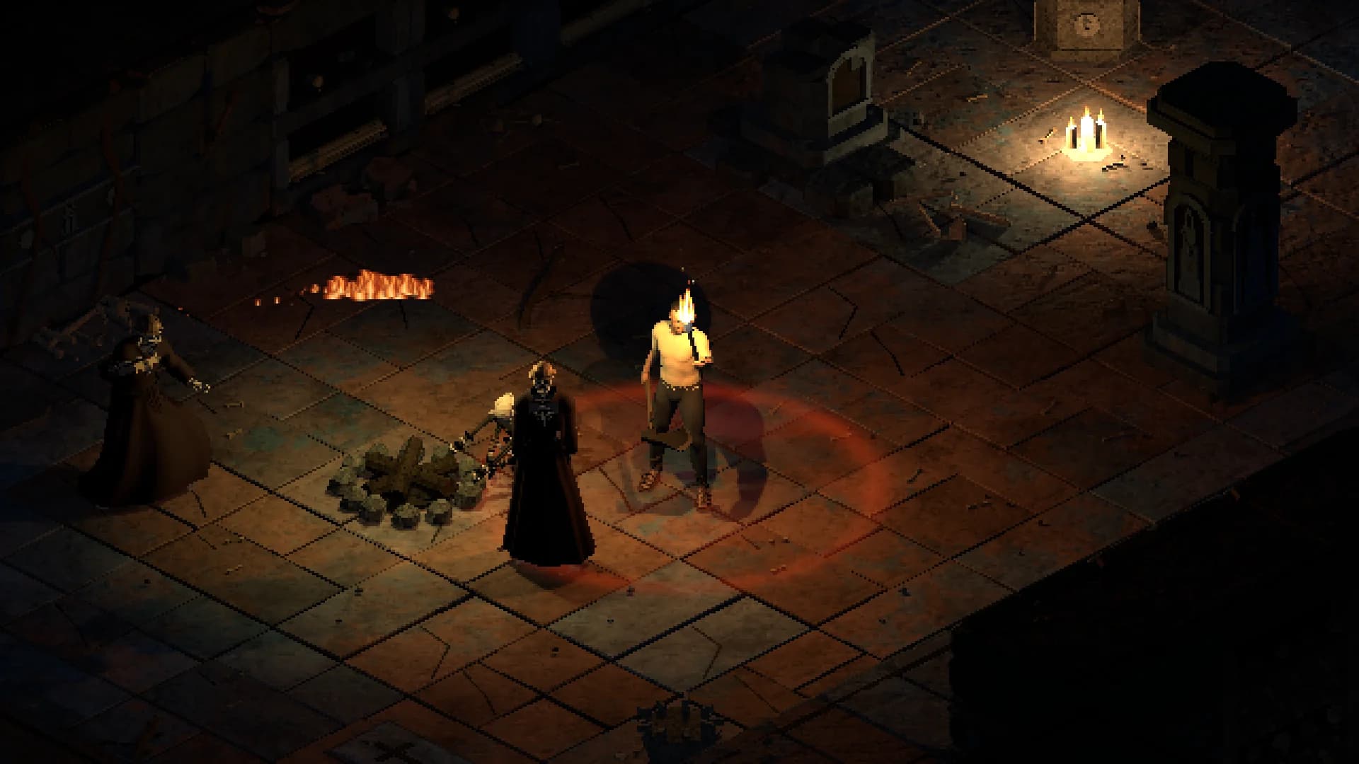 In-game view of a skeleton mage casting beside the player in a dark crypt.