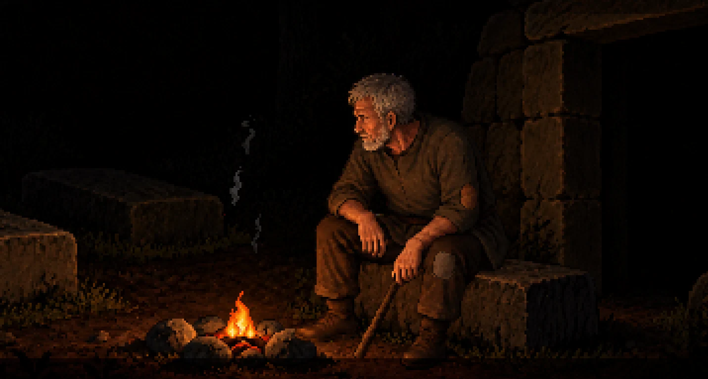 An old keeper sitting by a small fire beside stone graves, from the game's opening.