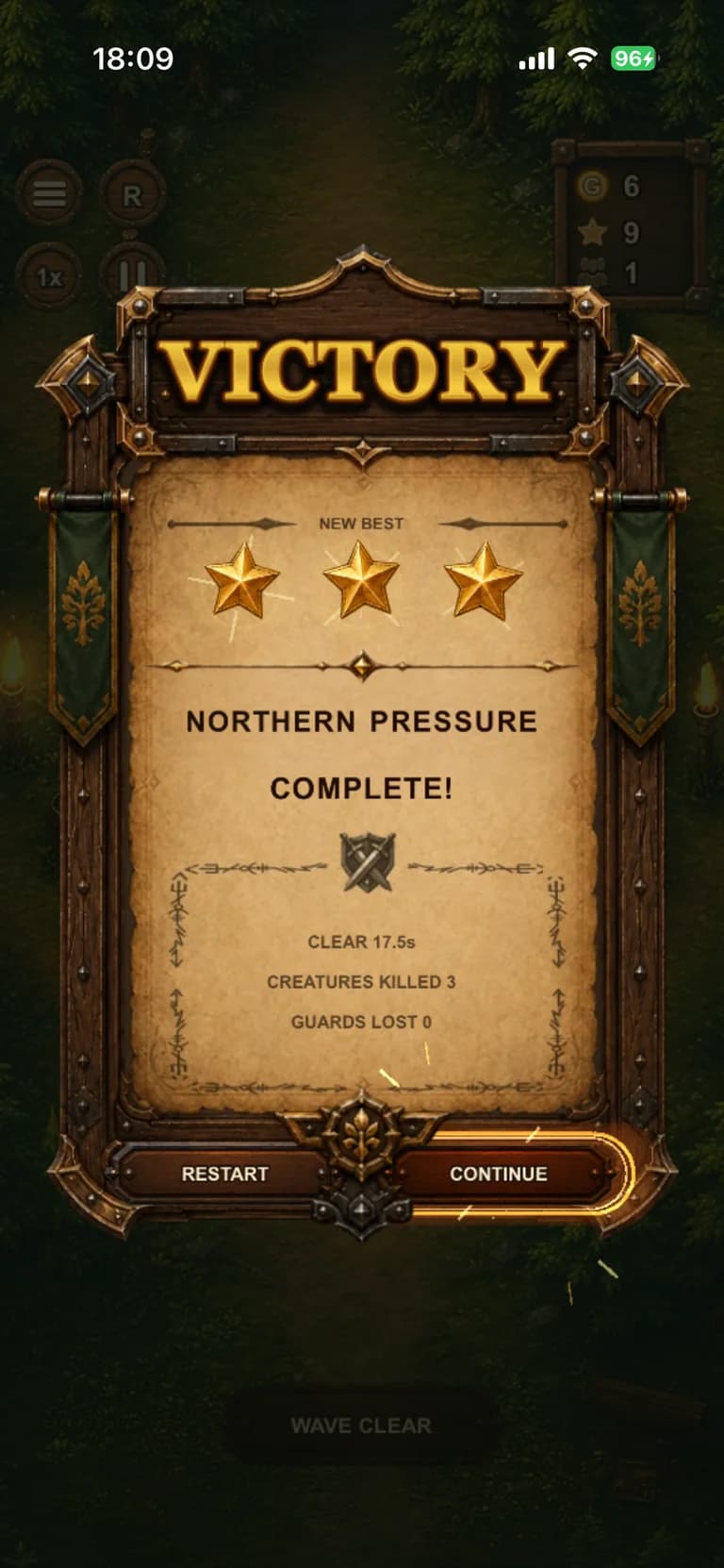 Hearthguard three-star victory screen after a successful defence.