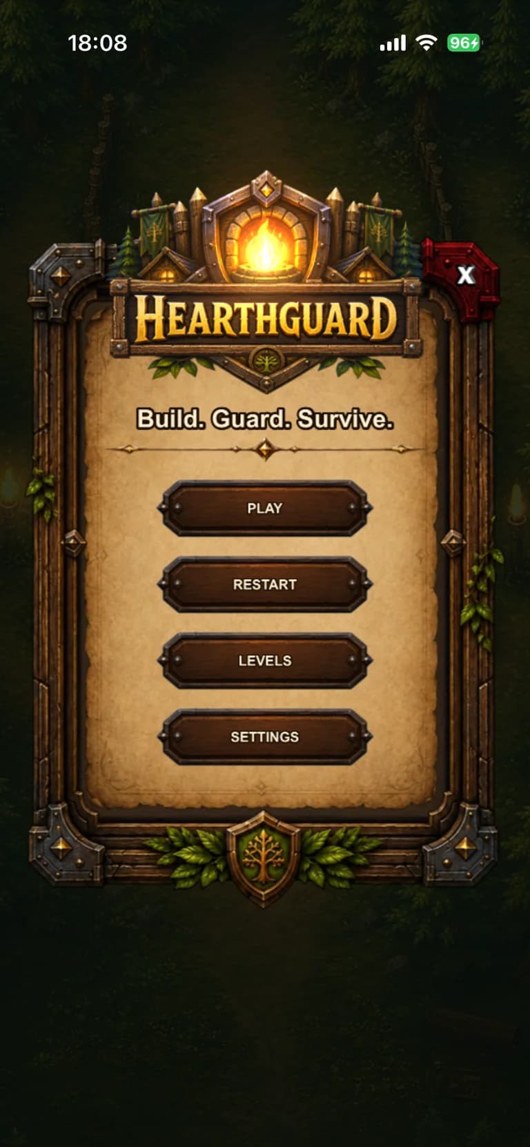 Hearthguard main menu with the Build. Guard. Survive. message.