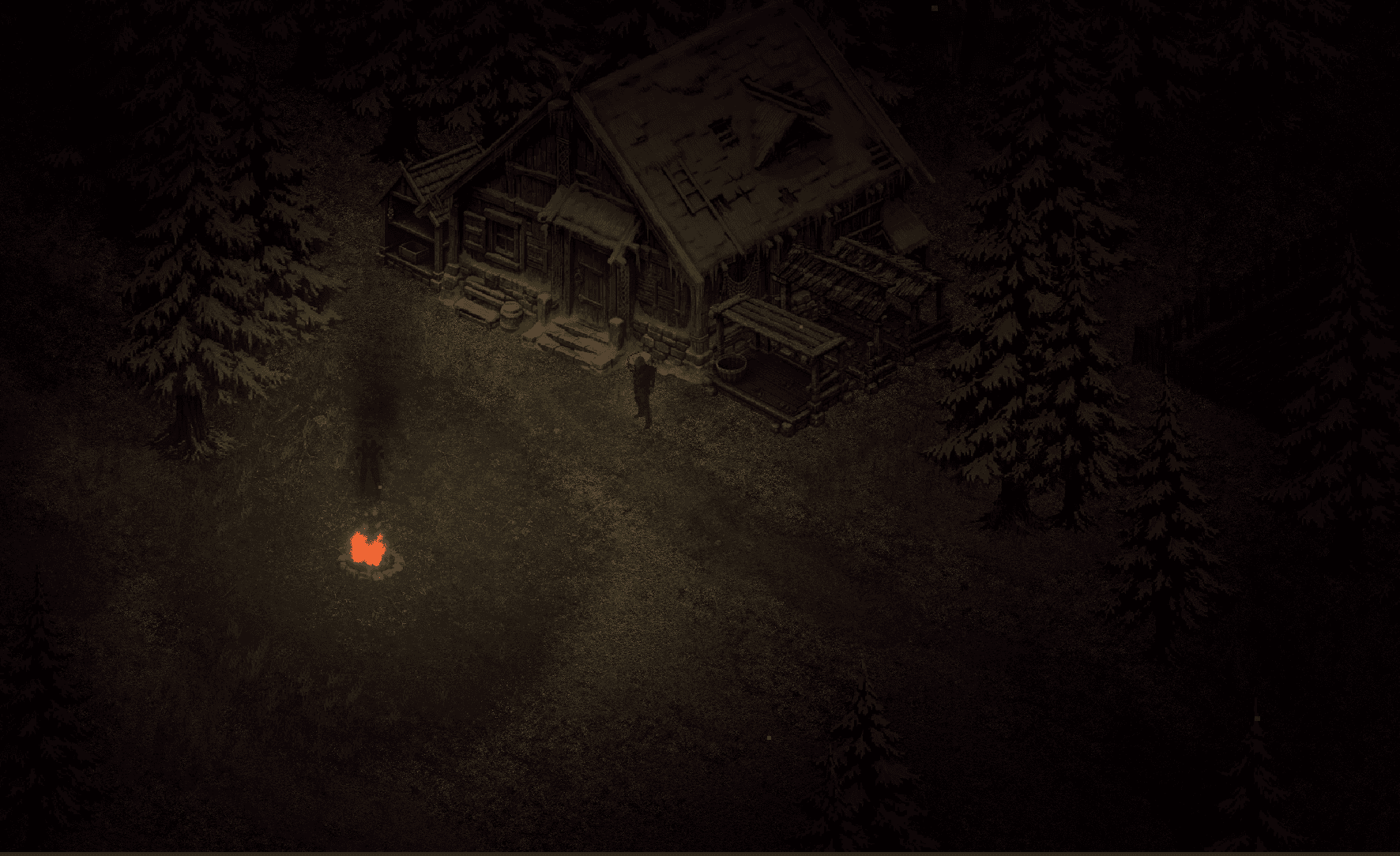 A snowy homestead at night with a hearth burning outside the house.