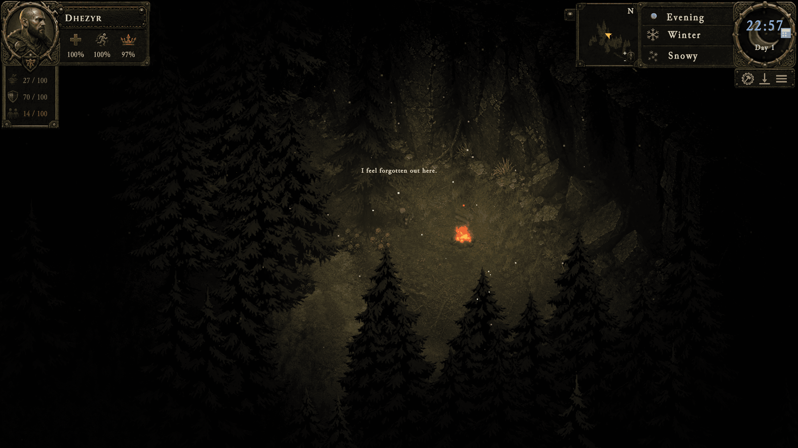 A small campfire burning in a dark snowy forest at night in Ashen Hearth.