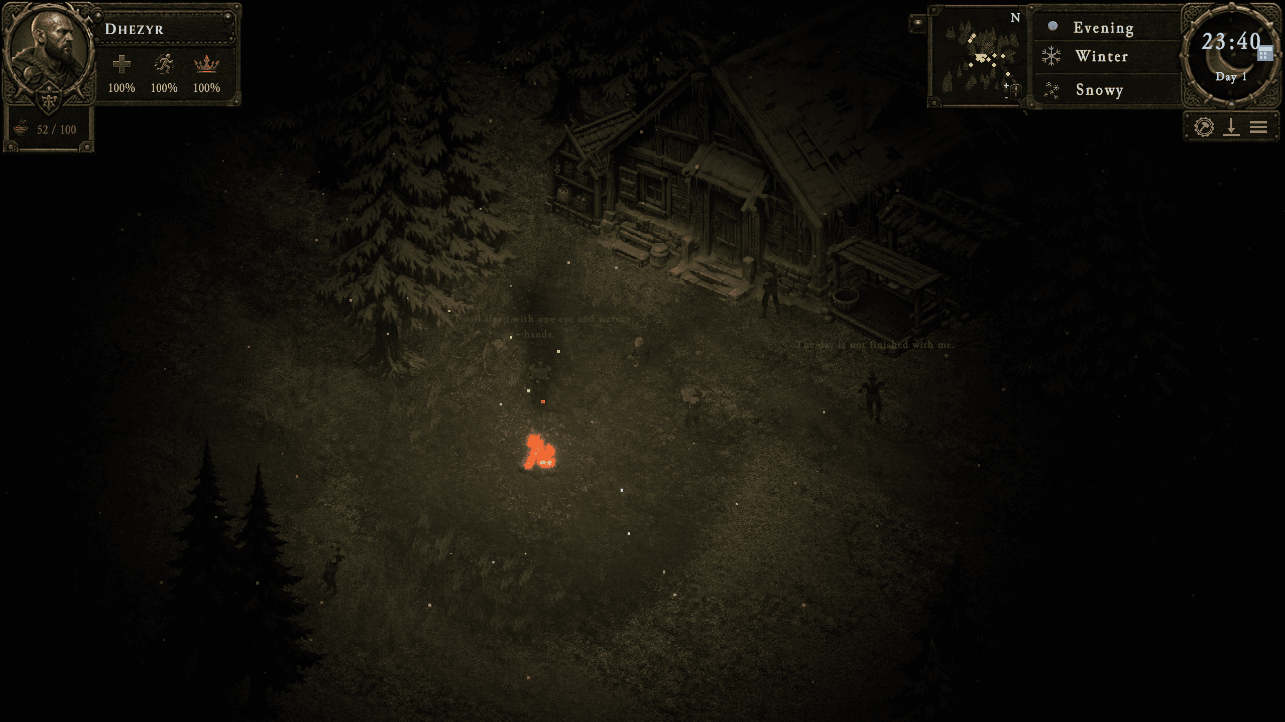 Villagers moving through a snowy night near the homestead while resources are carried back.